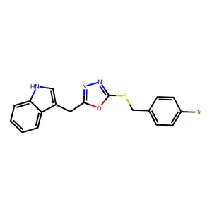 2-[(4-bromophenyl)methylsulfanyl]-5-(1H-indol-3-ylmethyl)-1,3,4-oxadiazole structure