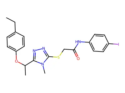 2-({5-[1-(4-ethylphenoxy)ethyl]-4-methyl-4H-1,2,4-triazol-3-yl}sulfanyl)-N-(4-iodophenyl)acetamide structure