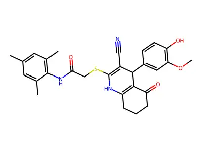 2-[[3-cyano-4-(4-hydroxy-3-methoxyphenyl)-5-oxo-4,6,7,8-tetrahydro-1H-quinolin-2-yl]sulfanyl]-N-(2,4,6-trimethylphenyl)acetamide structure