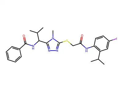 N-(1-{5-[(2-{[4-iodo-2-(propan-2-yl)phenyl]amino}-2-oxoethyl)sulfanyl]-4-methyl-4H-1,2,4-triazol-3-yl}-2-methylpropyl)benzamide structure