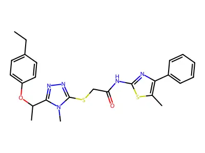 2-({5-[1-(4-ethylphenoxy)ethyl]-4-methyl-4H-1,2,4-triazol-3-yl}sulfanyl)-N-(5-methyl-4-phenyl-1,3-thiazol-2-yl)acetamide structure