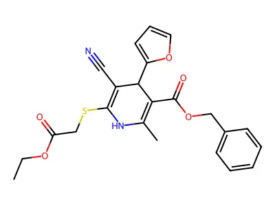 benzyl 5-cyano-6-((2-ethoxy-2-oxoethyl)thio)-4-(furan-2-yl)-2-methyl-1,4-dihydropyridine-3-carboxylate structure