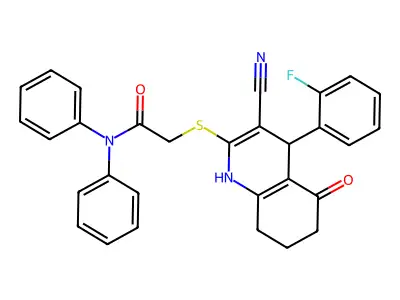 2-[[3-cyano-4-(2-fluorophenyl)-5-oxo-4,6,7,8-tetrahydro-1H-quinolin-2-yl]sulfanyl]-N,N-diphenylacetamide structure