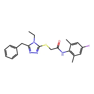 2-[(5-benzyl-4-ethyl-1,2,4-triazol-3-yl)sulfanyl]-N-(4-iodo-2,6-dimethylphenyl)acetamide structure