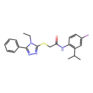 2-[(4-ethyl-5-phenyl-1,2,4-triazol-3-yl)sulfanyl]-N-(4-iodo-2-propan-2-ylphenyl)acetamide structure