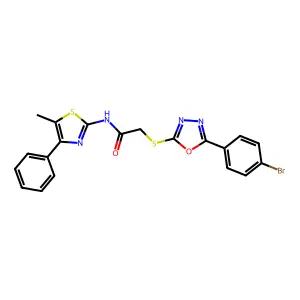 2-[[5-(4-bromophenyl)-1,3,4-oxadiazol-2-yl]sulfanyl]-N-(5-methyl-4-phenyl-1,3-thiazol-2-yl)acetamide structure