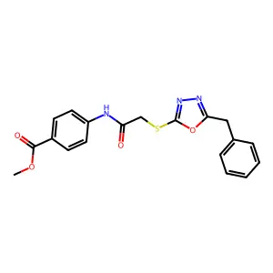 Methyl 4-(2-((5-benzyl-1,3,4-oxadiazol-2-yl)thio)acetamido)benzoate structure