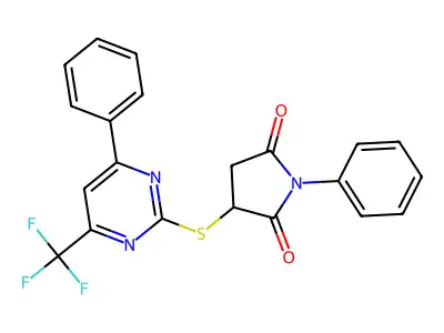 1-phenyl-3-[4-phenyl-6-(trifluoromethyl)pyrimidin-2-yl]sulfanylpyrrolidine-2,5-dione structure