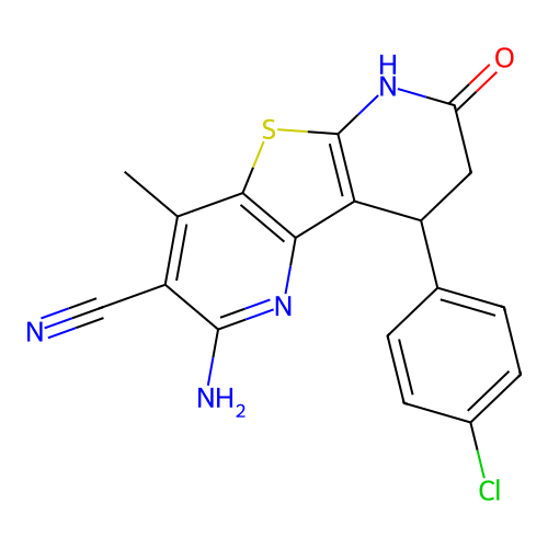 2-amino-9-(4-chlorophenyl)-4-methyl-7-oxo-6,7,8,9-tetrahydrothieno[2,3-b:4,5-b']dipyridine-3-carbonitrile structure