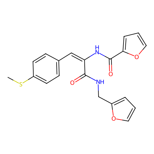 N-[(E)-3-(furan-2-ylmethylamino)-1-(4-methylsulfanylphenyl)-3-oxoprop-1-en-2-yl]furan-2-carboxamide structure