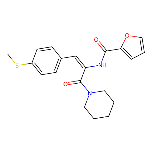 (E)-N-(1-(4-(methylthio)phenyl)-3-oxo-3-(piperidin-1-yl)prop-1-en-2-yl)furan-2-carboxamide structure