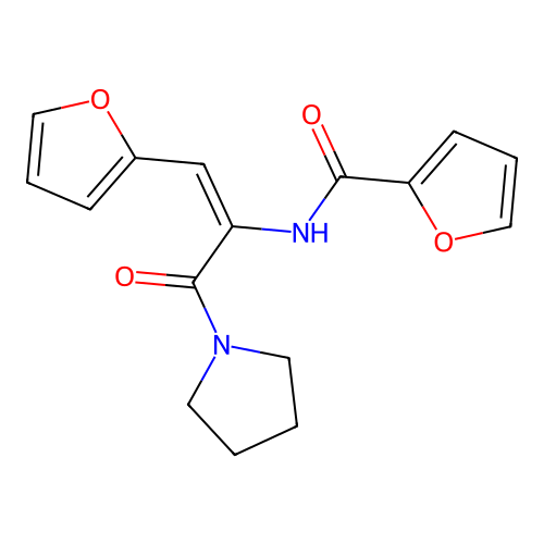 (E)-N-(1-(furan-2-yl)-3-oxo-3-(pyrrolidin-1-yl)prop-1-en-2-yl)furan-2-carboxamide structure