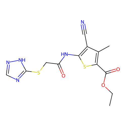 ethyl 4-cyano-3-methyl-5-{[(4H-1,2,4-triazol-3-ylthio)acetyl]amino}-2-thiophenecarboxylate structure