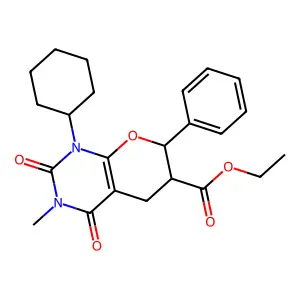Ethyl 1-cyclohexyl-3-methyl-2,4-dioxo-7-phenyl-1,3,4,5,6,7-hexahydro-2H-pyrano[2,3-d]pyrimidine-6-carboxylate structure