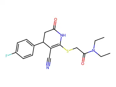2-[[5-cyano-4-(4-fluorophenyl)-2-oxo-3,4-dihydro-1H-pyridin-6-yl]sulfanyl]-N,N-diethylacetamide structure