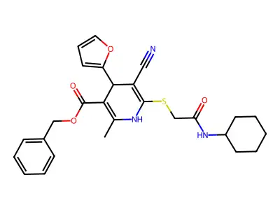 benzyl 5-cyano-6-((2-(cyclohexylamino)-2-oxoethyl)thio)-4-(furan-2-yl)-2-methyl-1,4-dihydropyridine-3-carboxylate structure