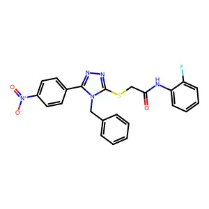 2-[[4-benzyl-5-(4-nitrophenyl)-1,2,4-triazol-3-yl]sulfanyl]-N-(2-fluorophenyl)acetamide structure