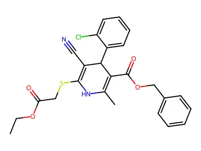 benzyl 4-(2-chlorophenyl)-5-cyano-6-((2-ethoxy-2-oxoethyl)thio)-2-methyl-1,4-dihydropyridine-3-carboxylate structure