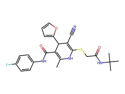 6-((2-(tert-butylamino)-2-oxoethyl)thio)-5-cyano-N-(4-fluorophenyl)-4-(furan-2-yl)-2-methyl-1,4-dihydropyridine-3-carboxamide structure