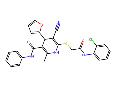 6-({2-[(2-chlorophenyl)amino]-2-oxoethyl}sulfanyl)-5-cyano-4-(furan-2-yl)-2-methyl-N-phenyl-1,4-dihydropyridine-3-carboxamide structure