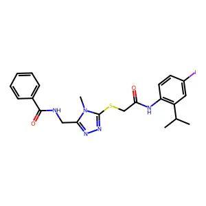 N-({5-[(2-{[4-iodo-2-(propan-2-yl)phenyl]amino}-2-oxoethyl)sulfanyl]-4-methyl-4H-1,2,4-triazol-3-yl}methyl)benzamide structure