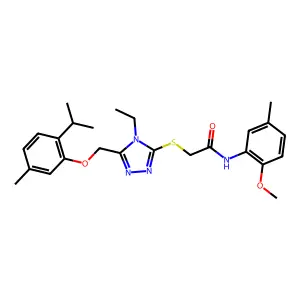 2-[(4-ethyl-5-{[5-methyl-2-(propan-2-yl)phenoxy]methyl}-4H-1,2,4-triazol-3-yl)sulfanyl]-N-(2-methoxy-5-methylphenyl)acetamide structure