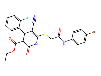 ethyl 6-[2-(4-bromoanilino)-2-oxoethyl]sulfanyl-5-cyano-4-(2-fluorophenyl)-2-oxo-3,4-dihydro-1H-pyridine-3-carboxylate structure