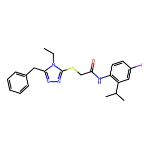 2-[(5-benzyl-4-ethyl-1,2,4-triazol-3-yl)sulfanyl]-N-(4-iodo-2-propan-2-ylphenyl)acetamide structure