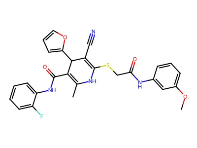 5-cyano-N-(2-fluorophenyl)-4-(furan-2-yl)-6-[2-(3-methoxyanilino)-2-oxoethyl]sulfanyl-2-methyl-1,4-dihydropyridine-3-carboxamide structure