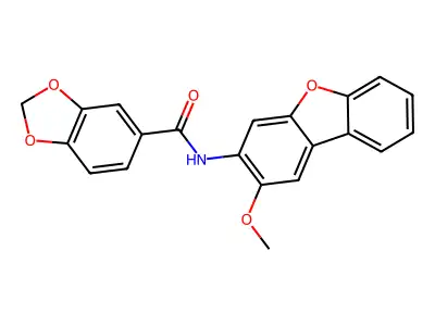 N-(2-methoxydibenzofuran-3-yl)-1,3-benzodioxole-5-carboxamide structure