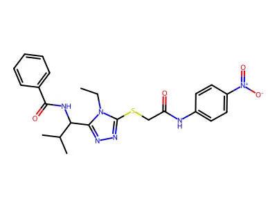 N-[1-[4-ethyl-5-[2-(4-nitroanilino)-2-oxoethyl]sulfanyl-1,2,4-triazol-3-yl]-2-methylpropyl]benzamide structure