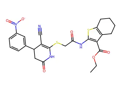 ethyl 2-[[2-[[5-cyano-4-(3-nitrophenyl)-2-oxo-3,4-dihydro-1H-pyridin-6-yl]sulfanyl]acetyl]amino]-4,5,6,7-tetrahydro-1-benzothiophene-3-carboxylate structure