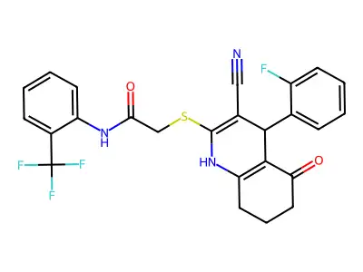 2-[[3-cyano-4-(2-fluorophenyl)-5-oxo-4,6,7,8-tetrahydro-1H-quinolin-2-yl]sulfanyl]-N-[2-(trifluoromethyl)phenyl]acetamide structure
