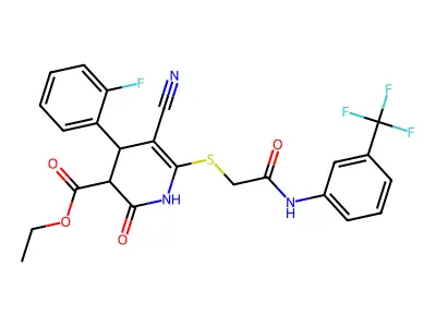 ethyl 5-cyano-4-(2-fluorophenyl)-2-oxo-6-[2-oxo-2-[3-(trifluoromethyl)anilino]ethyl]sulfanyl-3,4-dihydro-1H-pyridine-3-carboxylate structure