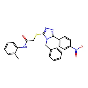 2-[[4-benzyl-5-(4-nitrophenyl)-1,2,4-triazol-3-yl]sulfanyl]-N-(2-methylphenyl)acetamide structure