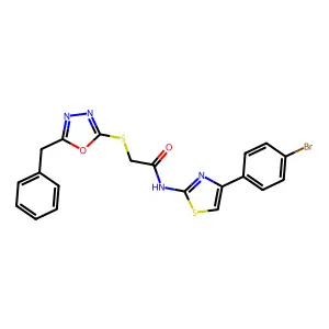 2-[(5-benzyl-1,3,4-oxadiazol-2-yl)sulfanyl]-N-[4-(4-bromophenyl)-1,3-thiazol-2-yl]acetamide structure