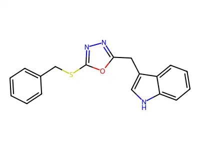 2-benzylsulfanyl-5-(1H-indol-3-ylmethyl)-1,3,4-oxadiazole structure