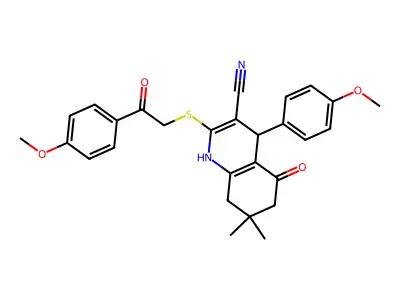 4-(4-methoxyphenyl)-2-[2-(4-methoxyphenyl)-2-oxoethyl]sulfanyl-7,7-dimethyl-5-oxo-1,4,6,8-tetrahydroquinoline-3-carbonitrile structure