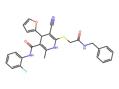 6-[2-(benzylamino)-2-oxoethyl]sulfanyl-5-cyano-N-(2-fluorophenyl)-4-(furan-2-yl)-2-methyl-1,4-dihydropyridine-3-carboxamide structure
