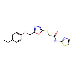 2-[(5-{[4-(propan-2-yl)phenoxy]methyl}-1,3,4-oxadiazol-2-yl)sulfanyl]-N-(1,3-thiazol-2-yl)acetamide structure
