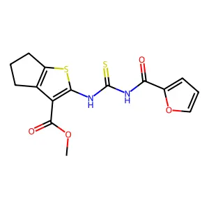 methyl 2-(furan-2-carbonylcarbamothioylamino)-5,6-dihydro-4H-cyclopenta[b]thiophene-3-carboxylate structure