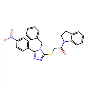 2-[[4-benzyl-5-(4-nitrophenyl)-1,2,4-triazol-3-yl]sulfanyl]-1-(2,3-dihydroindol-1-yl)ethanone structure
