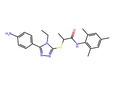 2-[[5-(4-aminophenyl)-4-ethyl-1,2,4-triazol-3-yl]sulfanyl]-N-(2,4,6-trimethylphenyl)propanamide structure