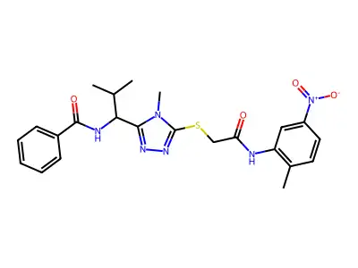 N-{2-methyl-1-[4-methyl-5-({2-[(2-methyl-5-nitrophenyl)amino]-2-oxoethyl}sulfanyl)-4H-1,2,4-triazol-3-yl]propyl}benzamide structure