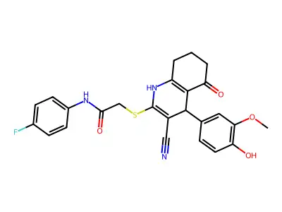 2-[[3-cyano-4-(4-hydroxy-3-methoxyphenyl)-5-oxo-4,6,7,8-tetrahydro-1H-quinolin-2-yl]sulfanyl]-N-(4-fluorophenyl)acetamide structure