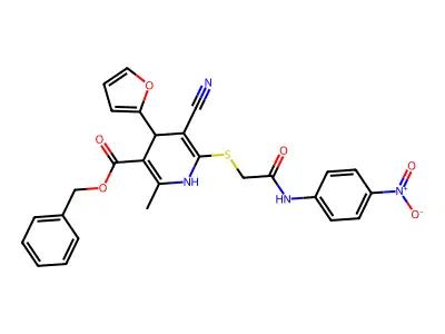 benzyl 5-cyano-4-(furan-2-yl)-2-methyl-6-[2-(4-nitroanilino)-2-oxoethyl]sulfanyl-1,4-dihydropyridine-3-carboxylate structure