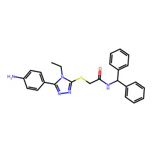 2-[[5-(4-aminophenyl)-4-ethyl-1,2,4-triazol-3-yl]sulfanyl]-N-benzhydrylacetamide structure