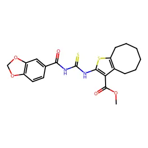methyl 2-(1,3-benzodioxole-5-carbonylcarbamothioylamino)-4,5,6,7,8,9-hexahydrocycloocta[b]thiophene-3-carboxylate structure