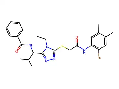 N-[1-[5-[2-(2-bromo-4,5-dimethylanilino)-2-oxoethyl]sulfanyl-4-ethyl-1,2,4-triazol-3-yl]-2-methylpropyl]benzamide structure