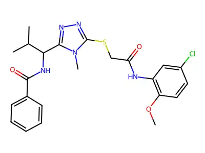 N-{1-[5-({2-[(5-chloro-2-methoxyphenyl)amino]-2-oxoethyl}sulfanyl)-4-methyl-4H-1,2,4-triazol-3-yl]-2-methylpropyl}benzamide structure